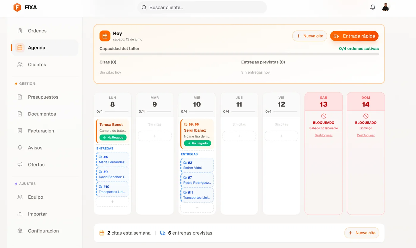 Pantalla de creación de una orden de reparación en FIXA a partir de la matrícula