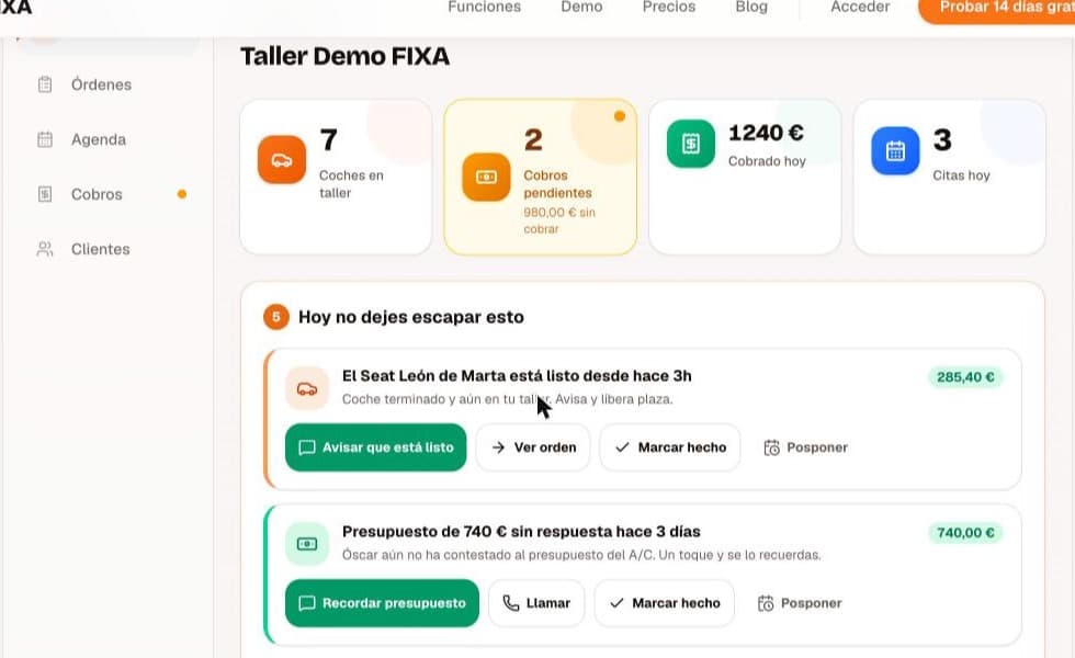 Panel de FIXA con las alertas del día: coches listos sin avisar y presupuestos sin respuesta